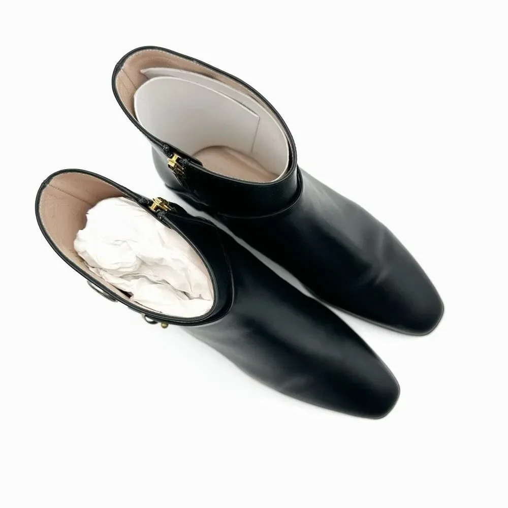 GUCCI Elite GG Ankle Boots Size 38.5 US 8.5 Black Leather Harness Low Heel Calf